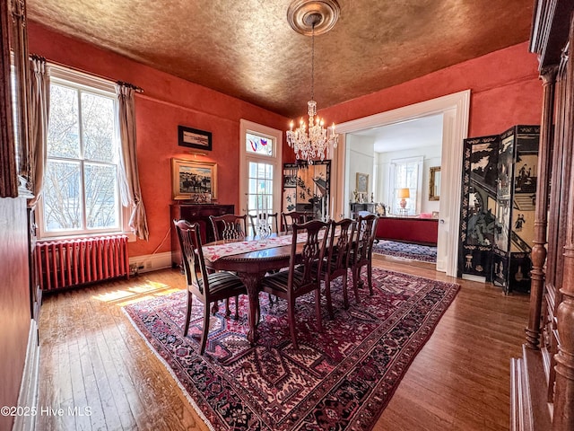 dining room with wood-type flooring, a chandelier, and radiator