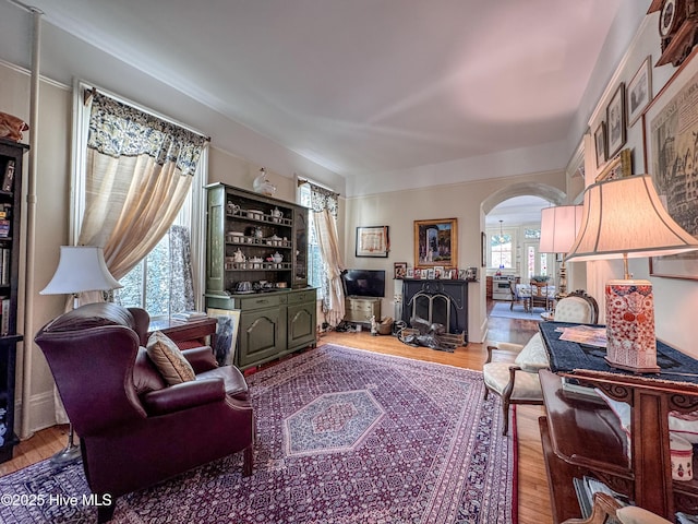 living area featuring arched walkways, wood finished floors, and plenty of natural light