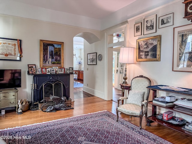 living area featuring baseboards, wood finished floors, arched walkways, and a wealth of natural light