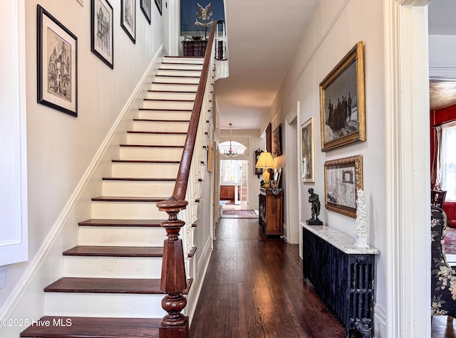 stairs featuring wood finished floors