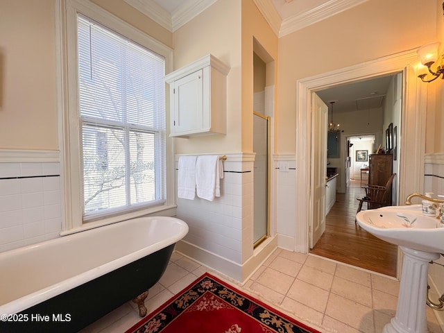 full bath with a freestanding bath, crown molding, a wainscoted wall, and a stall shower