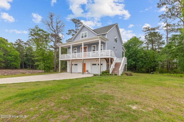 view of front of house featuring stairs, an attached garage, a front lawn, a porch, and concrete driveway