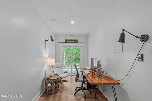 office area with baseboards, recessed lighting, and wood finished floors