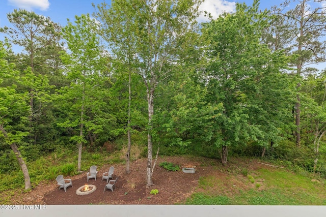 view of yard featuring a fire pit and a forest view
