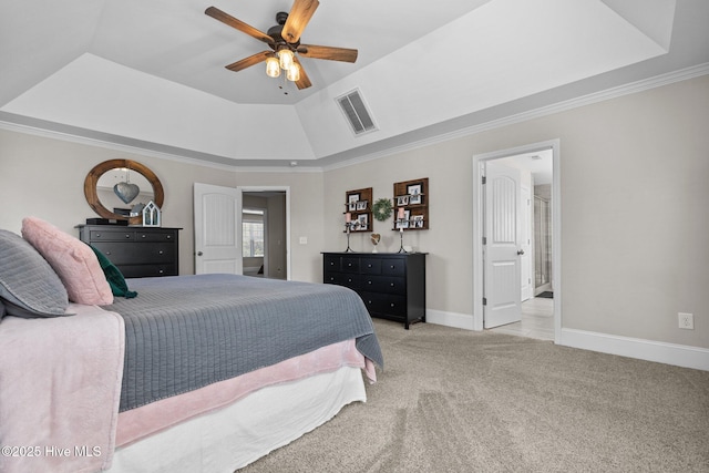 104 Plantation Dr, Southern Pines, NC 28387 - bedroom with a ceiling fan, visible vents, light carpet, a raised ceiling, and baseboards