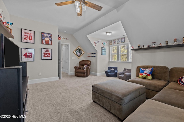 104 Plantation Dr, Southern Pines, NC 28387 - carpeted living area featuring baseboards, a ceiling fan, and lofted ceiling