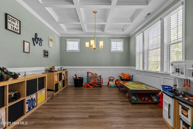 104 Plantation Dr, Southern Pines, NC 28387 - recreation room with an inviting chandelier, visible vents, beam ceiling, coffered ceiling, and wood finished floors