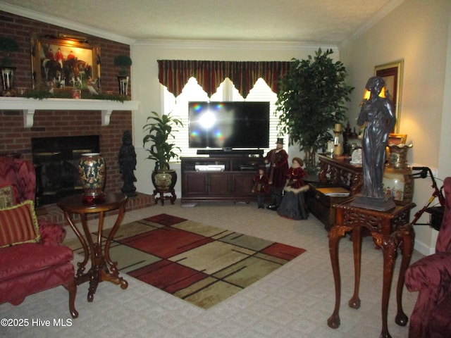 3550 Grainger Station Rd, Grifton, NC 28530 - living room featuring carpet, crown molding, and a brick fireplace