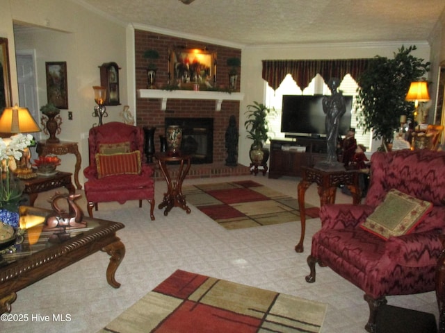 3550 Grainger Station Rd, Grifton, NC 28530 - carpeted living room featuring ornamental molding, a textured ceiling, and a fireplace