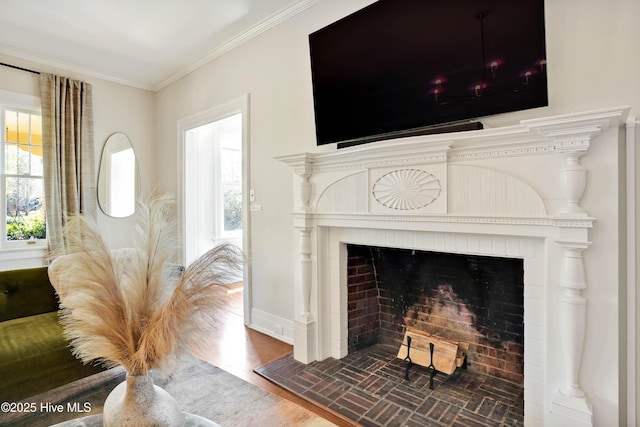 details with wood finished floors, baseboards, ornamental molding, and a brick fireplace