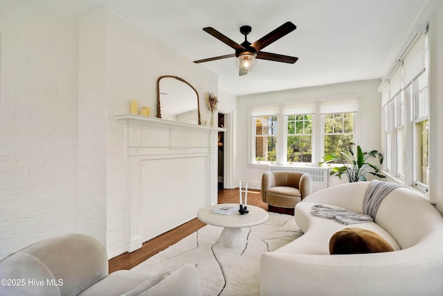 living room with wood finished floors and ceiling fan