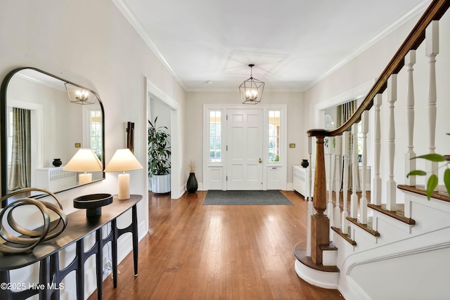foyer featuring plenty of natural light, wood-type flooring, a notable chandelier, and ornamental molding