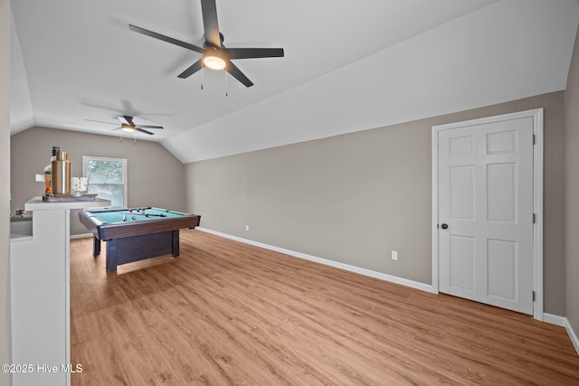 301 Pine Crest Rd, Trent Woods, NC 28562 - recreation room featuring ceiling fan, baseboards, light wood-style floors, vaulted ceiling, and billiards table