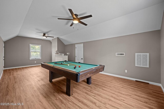 301 Pine Crest Rd, Trent Woods, NC 28562 - rec room featuring ceiling fan, light wood-style flooring, baseboards, pool table, and vaulted ceiling