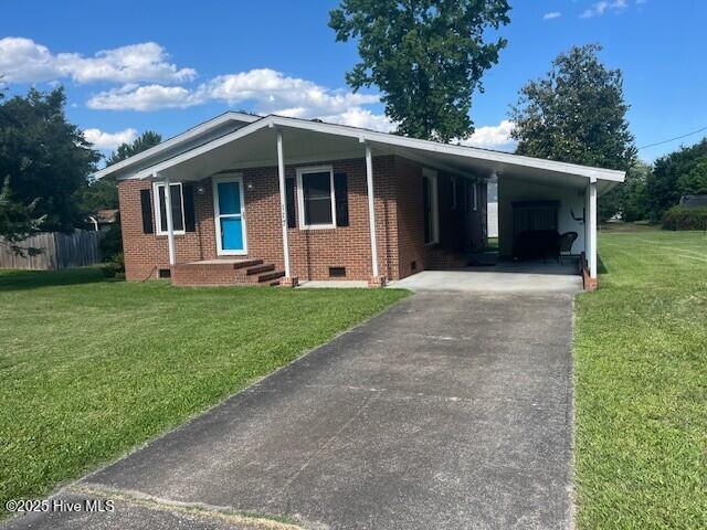 117 Brookfield Dr, Wilmington, NC 28405 - ranch-style house featuring asphalt driveway, crawl space, an attached carport, and brick siding