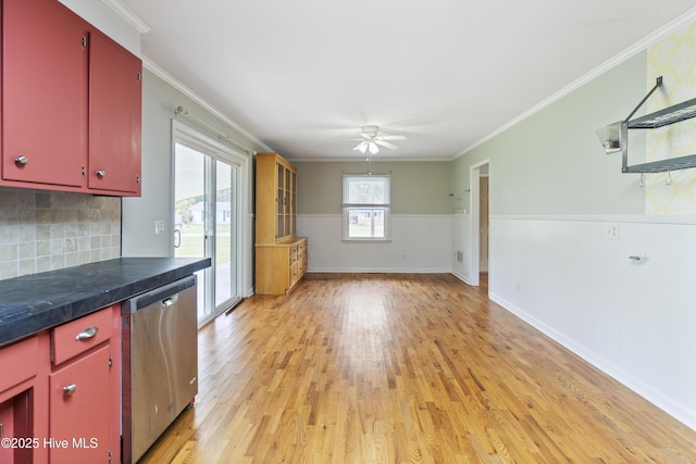 117 Brookfield Dr, Wilmington, NC 28405 - kitchen featuring red cabinets, dishwasher, ceiling fan, light wood-style flooring, and tasteful backsplash