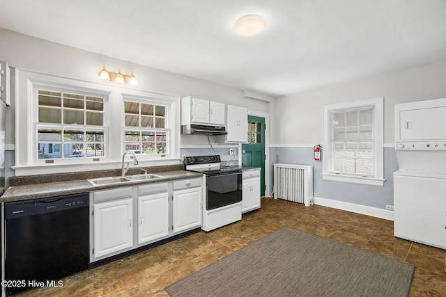 kitchen featuring dishwasher, a sink, under cabinet range hood, radiator heating unit, and electric range