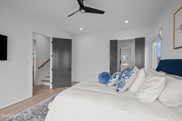 546 S Brightleaf Dr, Minnesott Beach, NC 28510 - bedroom with baseboards, light wood-type flooring, ceiling fan, and recessed lighting