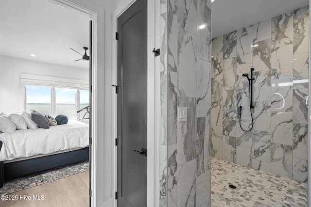 546 S Brightleaf Dr, Minnesott Beach, NC 28510 - ensuite bathroom with connected bathroom, a marble finish shower, wood finished floors, recessed lighting, and a ceiling fan