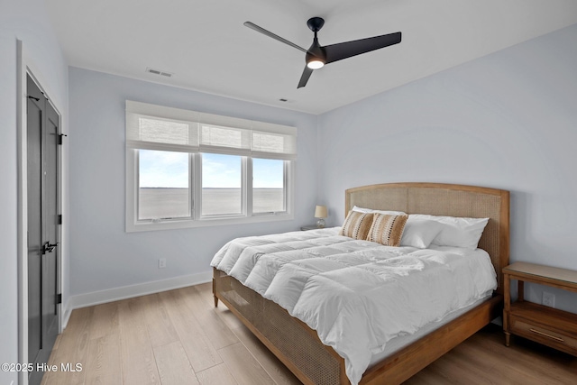 546 S Brightleaf Dr, Minnesott Beach, NC 28510 - bedroom with light wood finished floors, baseboards, visible vents, and a ceiling fan