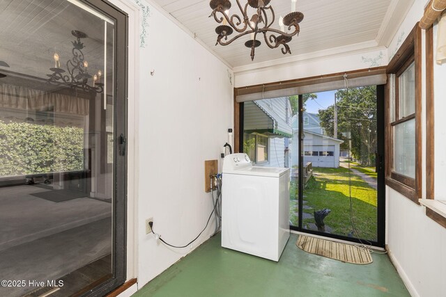 2109 Arendell St, Morehead City, NC 28557 - laundry area featuring washer / dryer and a chandelier