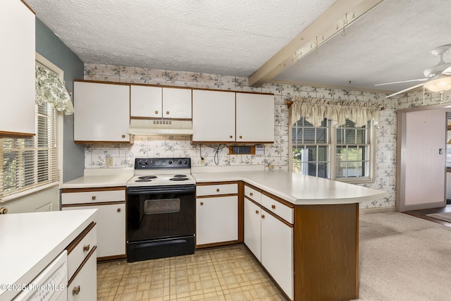 2109 Arendell St, Morehead City, NC 28557 - kitchen featuring range with electric stovetop, under cabinet range hood, wallpapered walls, light countertops, and a peninsula