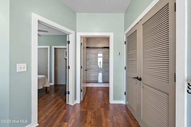 hall with baseboards and dark wood-type flooring