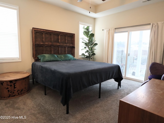bedroom with access to exterior, carpet flooring, multiple windows, and visible vents