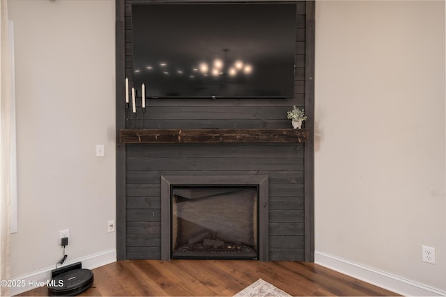 room details featuring a glass covered fireplace, wood finished floors, and baseboards