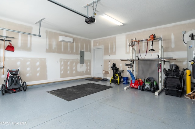 garage featuring electric panel, a garage door opener, and a wall unit AC