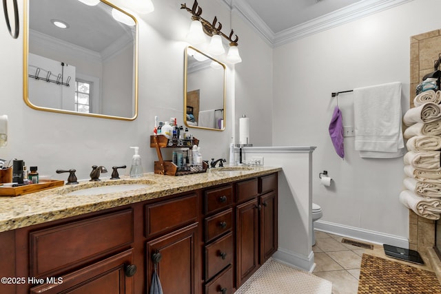 full bath featuring tile patterned floors, visible vents, a sink, and ornamental molding