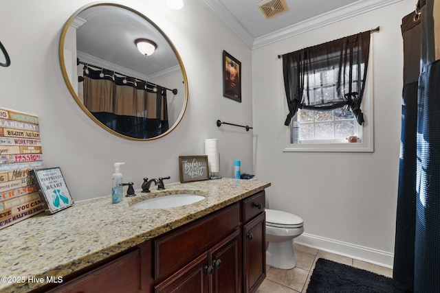 bathroom featuring visible vents, ornamental molding, toilet, vanity, and tile patterned flooring