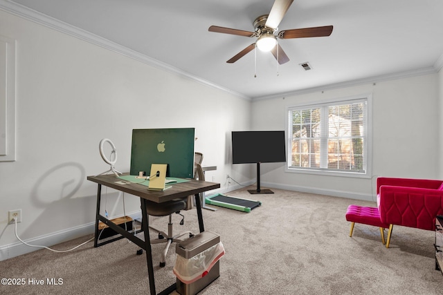 carpeted home office featuring visible vents, baseboards, ornamental molding, and ceiling fan