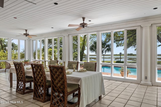 130 Harbour Dr, Hubert, NC 28539 - sunroom / solarium with tile patterned floors, wood ceiling, and ornate columns