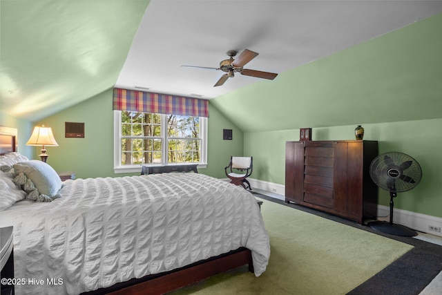 130 Harbour Dr, Hubert, NC 28539 - bedroom featuring vaulted ceiling, baseboards, carpet floors, and a ceiling fan