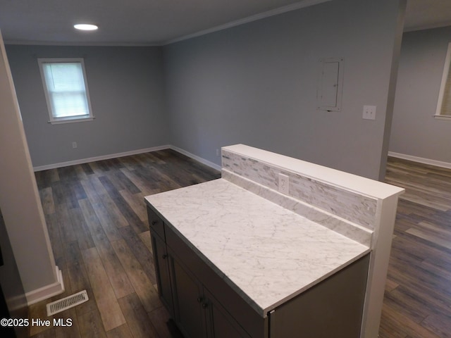 17261 Harvell Ln, Laurinburg, NC 28352 - kitchen with dark wood-style flooring, ornamental molding, recessed lighting, baseboards, and electric panel