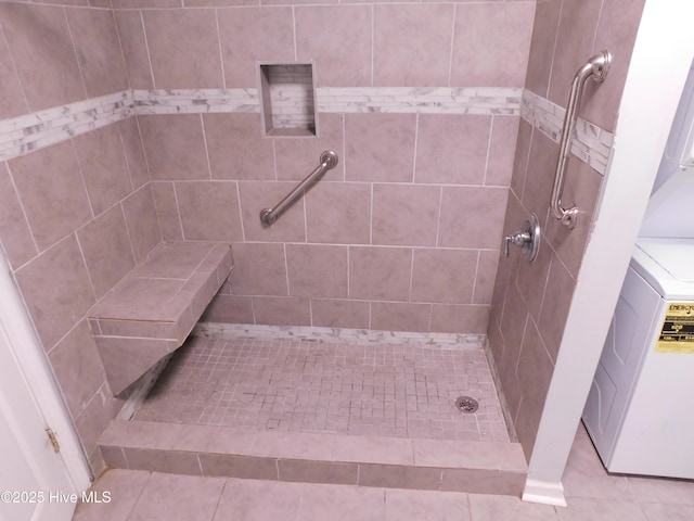 17261 Harvell Ln, Laurinburg, NC 28352 - full bathroom with washer / dryer and a tile shower