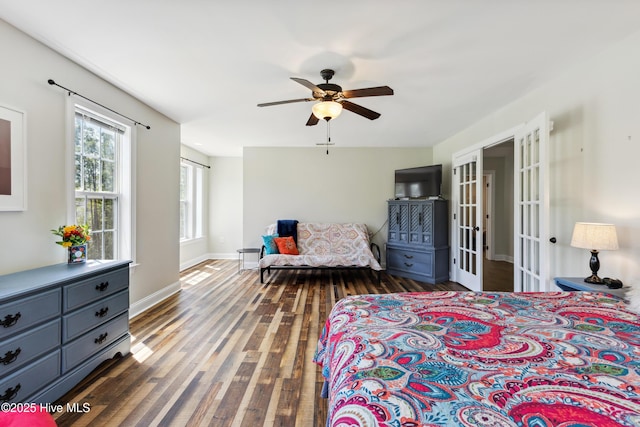 bedroom with french doors, wood finished floors, baseboards, and ceiling fan