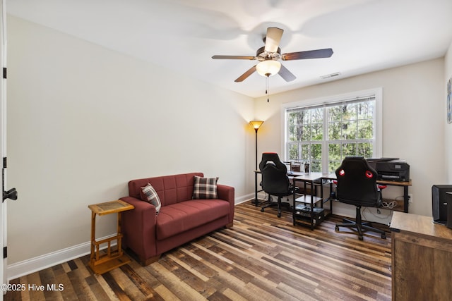 office with wood finished floors, baseboards, and a ceiling fan
