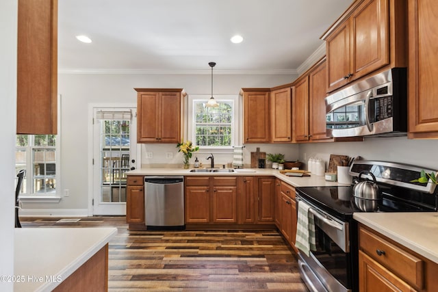 kitchen with stainless steel appliances, a sink, dark wood-style floors, ornamental molding, and brown cabinetry