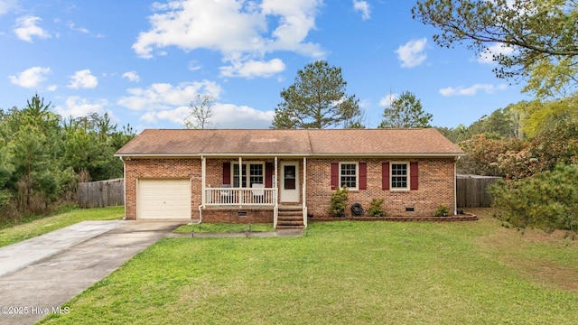 single story home with an attached garage, crawl space, brick siding, driveway, and covered porch
