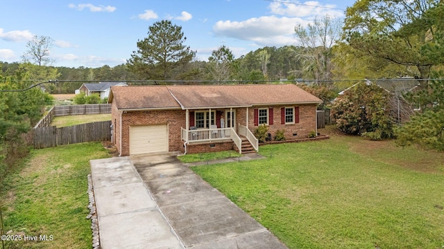 ranch-style home with brick siding, a porch, driveway, and a garage