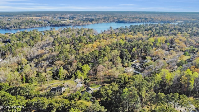 aerial view featuring a view of trees and a water view
