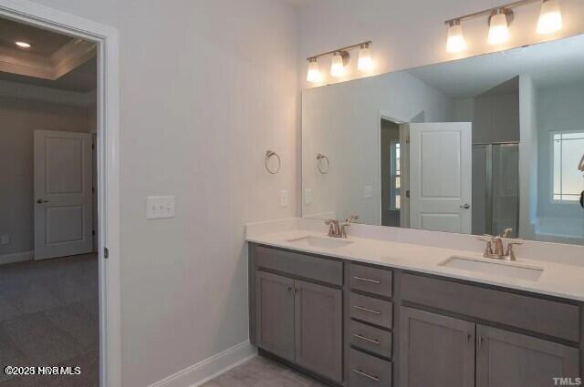 bathroom featuring a sink, baseboards, and double vanity