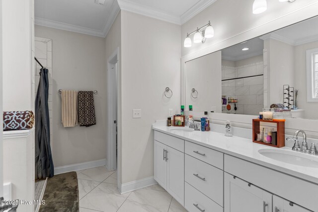 3763 Spicetree Dr, Wilmington, NC 28412 - bathroom with a tile shower, crown molding, and a sink