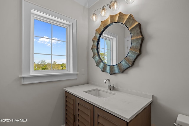 half bath featuring a healthy amount of sunlight, toilet, and vanity