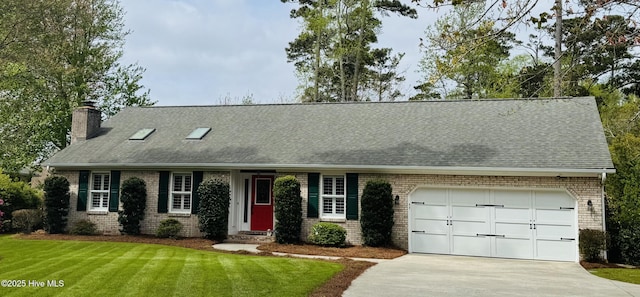 511 Pine Valley Dr, Morehead City, NC 28557 - cape cod home featuring brick siding, a chimney, concrete driveway, a garage, and a front yard