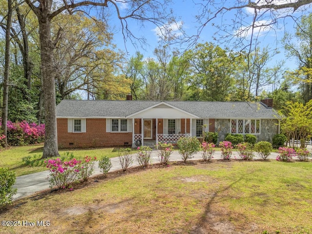 single story home with a front yard, covered porch, crawl space, and a chimney