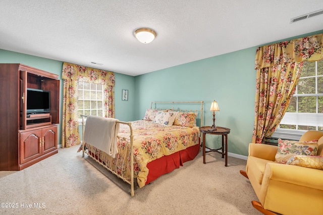 bedroom with carpet, baseboards, and a textured ceiling
