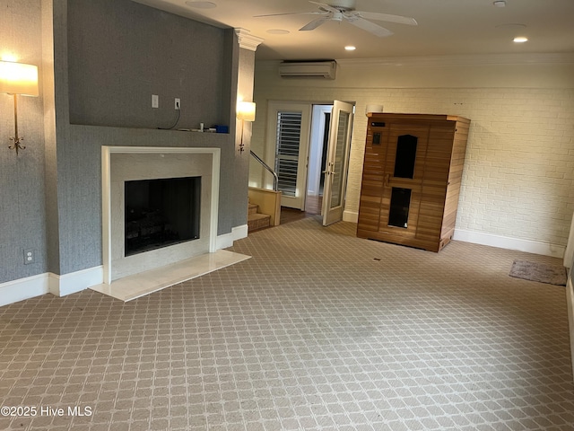 117 Creekview Rd, New Bern, NC 28562 - unfurnished living room with light carpet, ceiling fan, a brick fireplace, and built in shelves